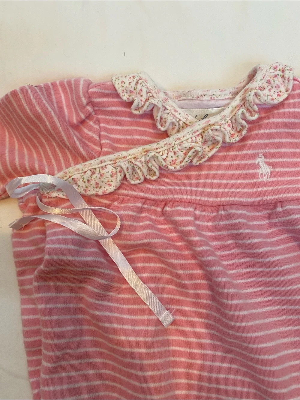 Ralph Lauren Pink & White Striped Lace-Collar Baby Footie